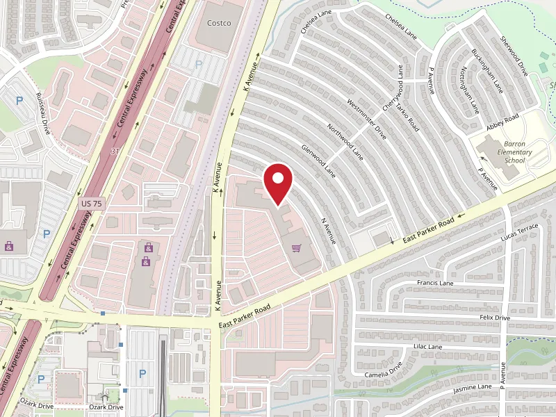 Map of the RESE office at 3420 K Avenue in Plano, just north of East Parker Road and east of US 75.